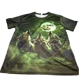 Three Wolf Moon Green Glowing Graphic T Shirt All Over Print Mens Large L